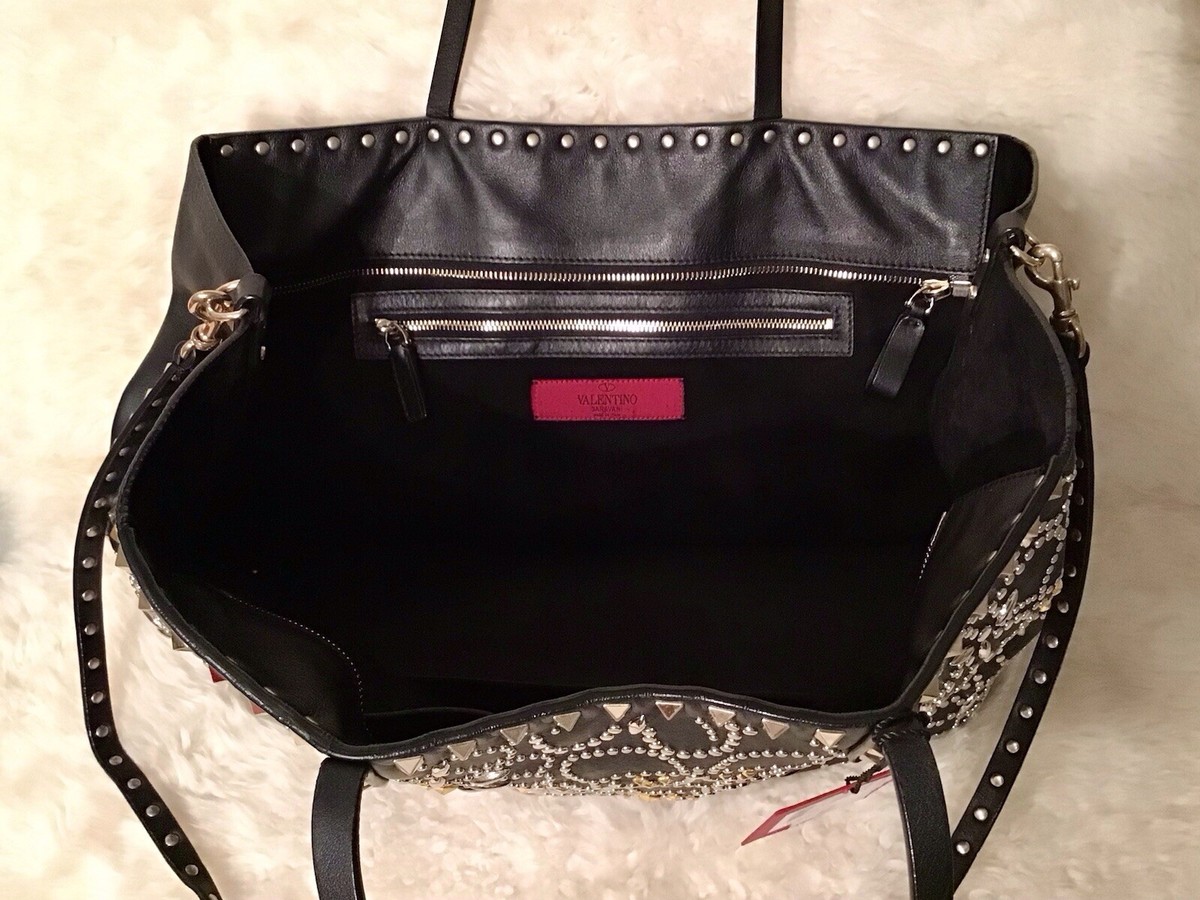 トートバッグ Valentino Textured Leather Tote Bag VALENTINO GARAVANI ROCKSTUD TOTE BAG-BLACK LEATHER-BUTTERFLY