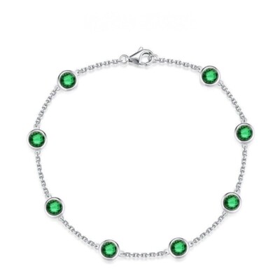 1.75 Ct Round Lab Created Green Emerald Bezel Set Bracelet 14K White Gold Plated