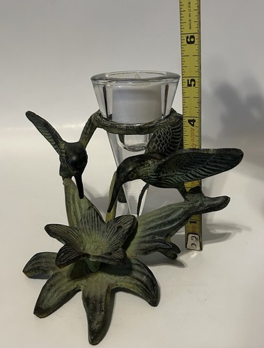 Vintage Cast Iron Hummingbirds Flower Candle Holder Art Nouveau Patina “HOSLE* - Picture 9 of 10
