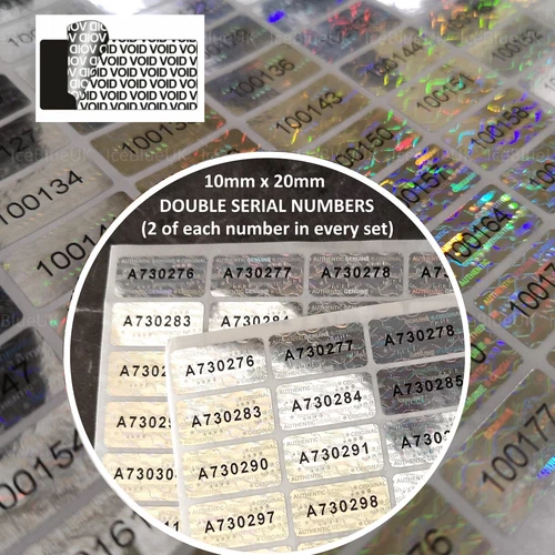 Tamper Proof Stickers 10mm x 20mm with TWIN SERIAL NUMBERS Genuine Hologram