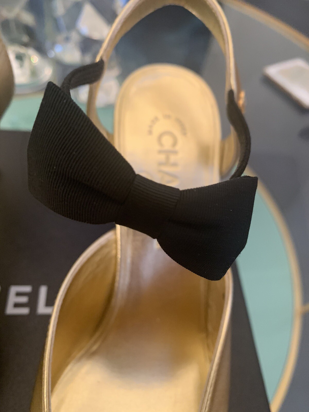 20A CHANEL LOGO Open Pumps Heels with Bow Black/Gold Size 38 New thumbnail 8