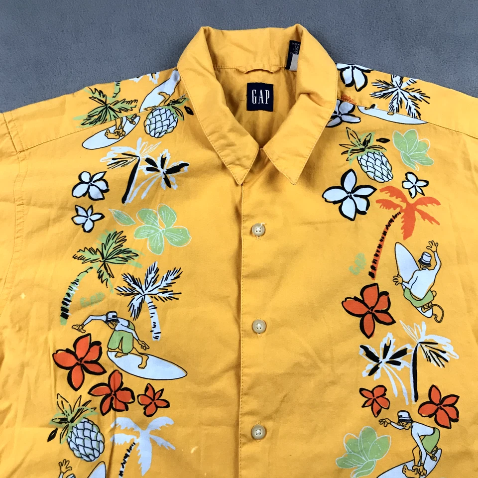 Винтажная рубашка GAP для мальчиков XL (12) желтая пляжный серфинг мультфильм Y2K гавайская на пуговицах - Изображение 2 из 4