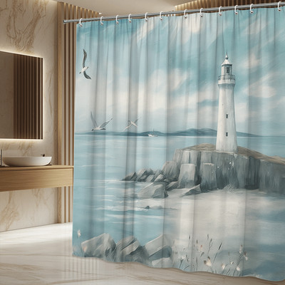 Serene Lighthouse Ocean View Coastal Beach Nautical Art Bathroom Decor