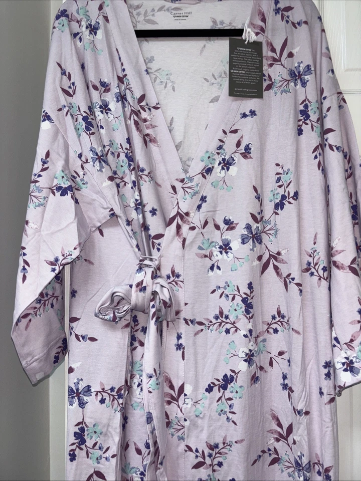 Garnet Hill цветочный кимоно халат фиолетовый зеленый хлопок большой азиатский надежном красивый новый с Ярлыками - Изображение 2 из 4