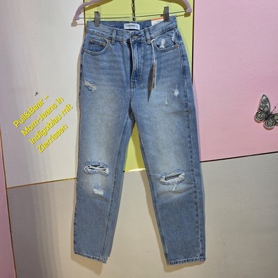 Pull&Bear   Mom-Jeans in Indigoblau mit Zierrissen Damen Gr. 34 Neu Mit etikett