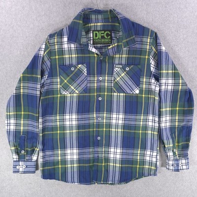 Dixxon Flannel Youth Division D-Tech Green Plaid DFC Skate Moto Shirt Kids XL
