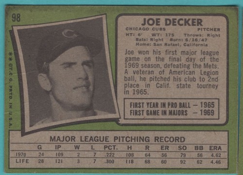 1971 Topps Joe Decker RC Chicago Cubs #98 - Picture 2 of 2