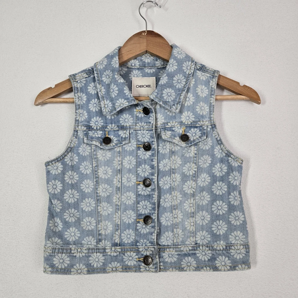 Cherokee Denim Vest Girls 7/8 Blue Floral Daisies Button Front Boho Hippie Flwr - Image 2 of 4