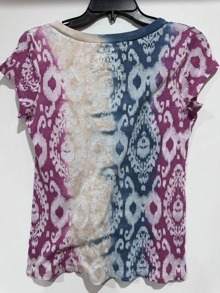 Camisa One World Mujer L Púrpura Azul Ikat Buda Gráfico Cuello en V Manga Gorra Boho Foto 2 de 4