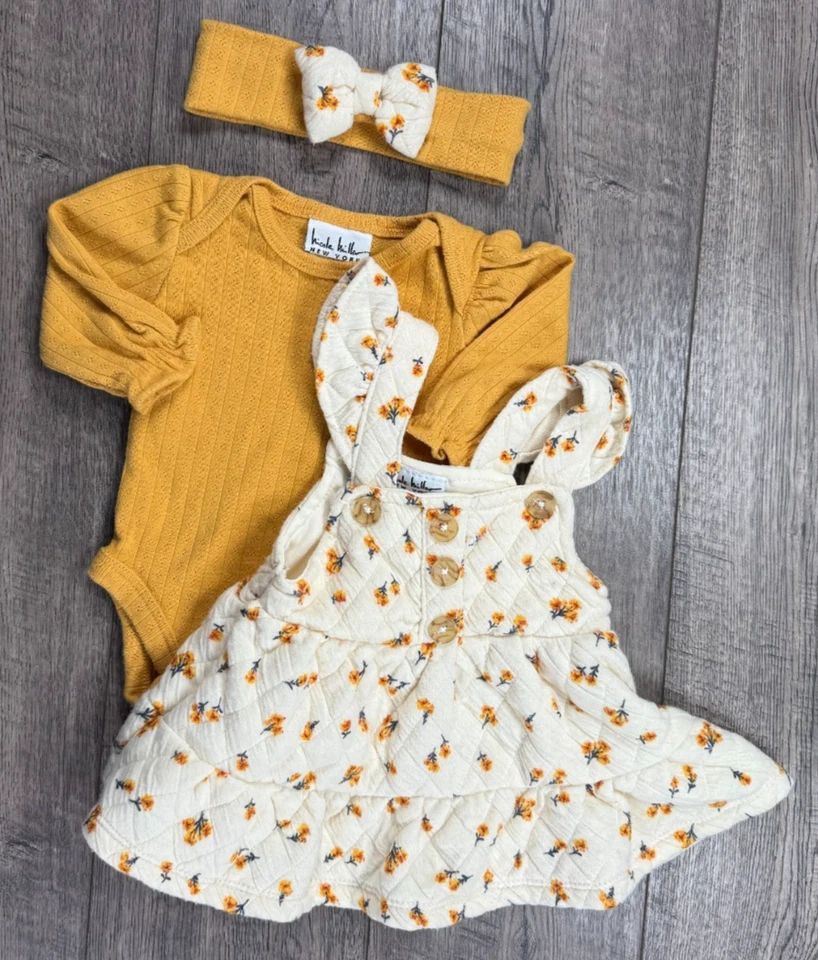 Ropa para bebé niña Nicole Miller 0-3 meses 3 piezas vestido floral amarillo y diadema Foto 2 de 4