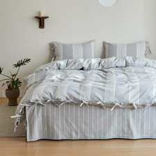 Striped Duvet Cover Set 3Pcs 100 Washed Cotton Linen like Textured with Bowknot