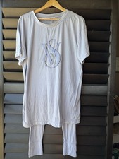 Victorias Secret Pajama Set Blue Lilac VS Logo Short Sleeve Shirt Pants Silver M