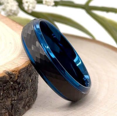6mm Polish Blue Tungsten Christmas Gift Ring Black Hammered Texture Fashion Band