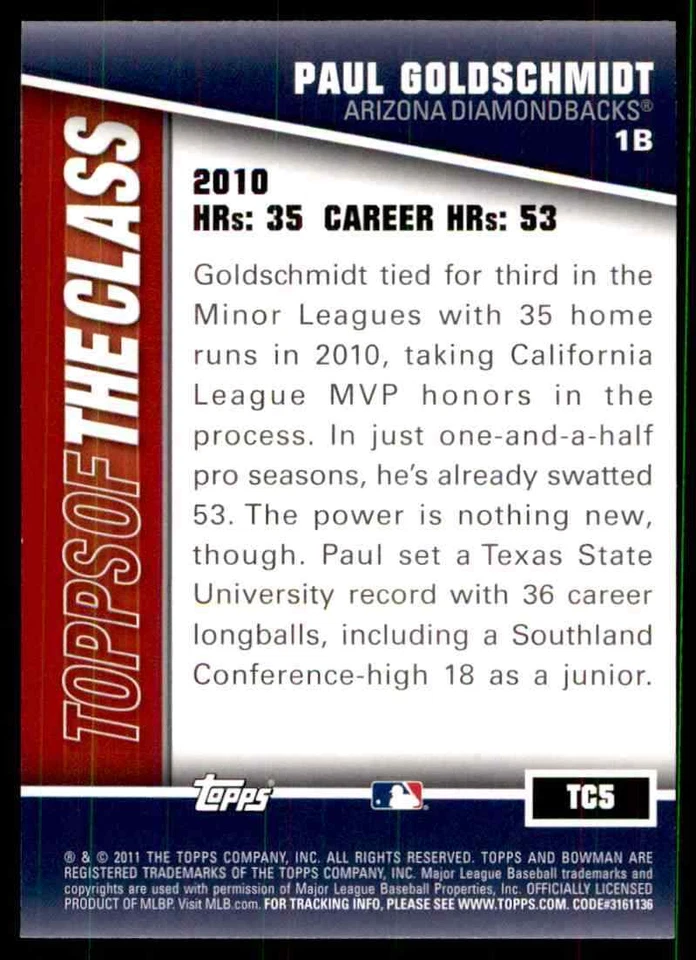 2011 Bowman Topps of the Class Paul Goldschmidt Arizona Diamondbacks #TC5 - Image 2 of 2