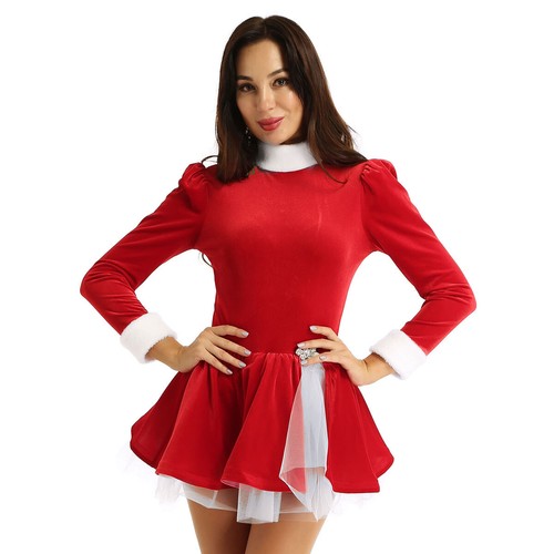 Women's Christmas Dress Santa Claus with Hats Costume Leotard Dresses Dancewear - Picture 15 of 33