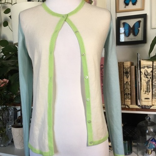 MALIKA Cardigan leggero in cashmere maglione estivo panna preppy classico - Foto 4 di 8