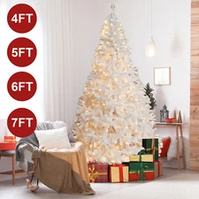 4ft 5ft 6ft 7ft White Christmas Tree Xmas With LED Lights Bushy Pine Metal Stand