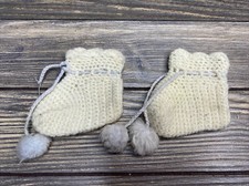 Vintage Handmade Crocheted Baby Booties White With Pompom Ties