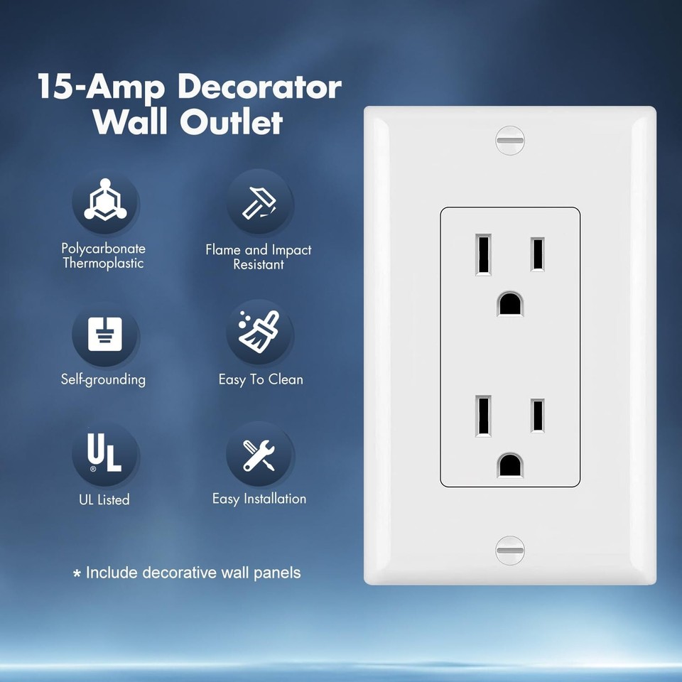 10Pack Outlet Socket, Decora Duplex Receptacle 15 A, 125 V, Non-Tamper ...