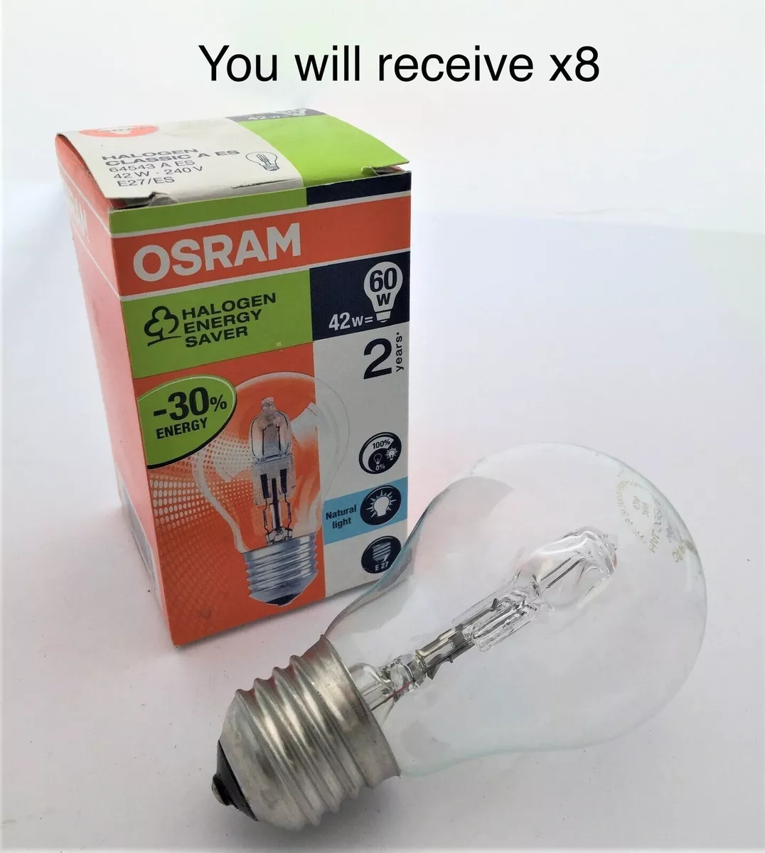 Osram Halogen Lamp Classic A ES 42W 240V E27 Natural Light Clear x8