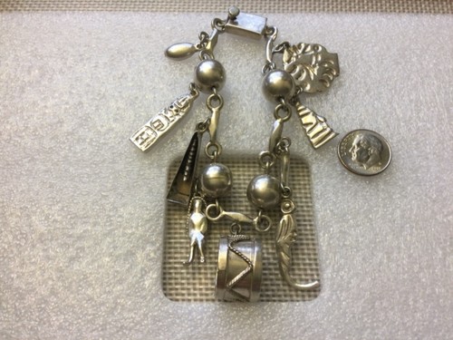 Taxco 1950er Jahre signiert JHC Sterlingsilber Link Charm Armband 7 3/4 Zoll - Bild 9 von 10