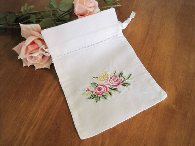 Again @ Shabby Rose Embroidery Hand Hemstitch Linen Cotton White Bag Pouch A