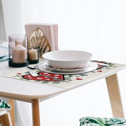 Valentine's Day Placemats Set of 4: Red Black Love Hearts, Eucalyptus Leaves, - Picture 5 of 5