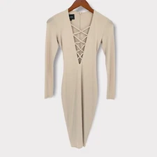 Nookie Ti Amo Nude Deep V Lace Up Bodycon Midi Dress Size 8