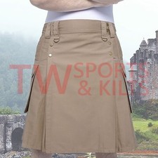 Men's Khaki Utility Kilt Made Of Cotton With Two Side Pocket  Two Back Pocket
