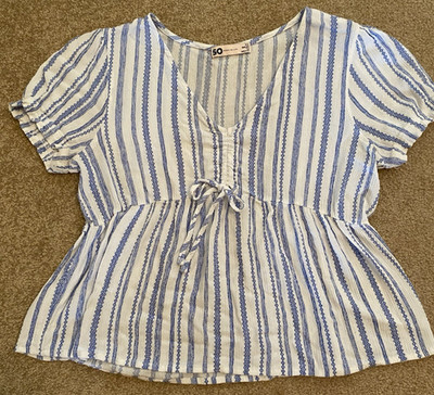 SO  Top Blouse Women's Blue & White Striped Size XS V Neck Peasant Milkmaid Boho