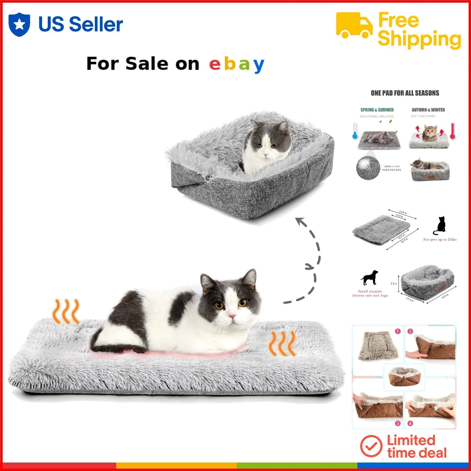 Self Warming Cat Bed Plush 24x20 Inch Foldable Thermal Pet Mat Indoor Outdoor