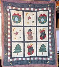 Handmade Christmas Patchwork Appliqu  Quilt 4' x 5' Snowmen Holiday W/Pillow