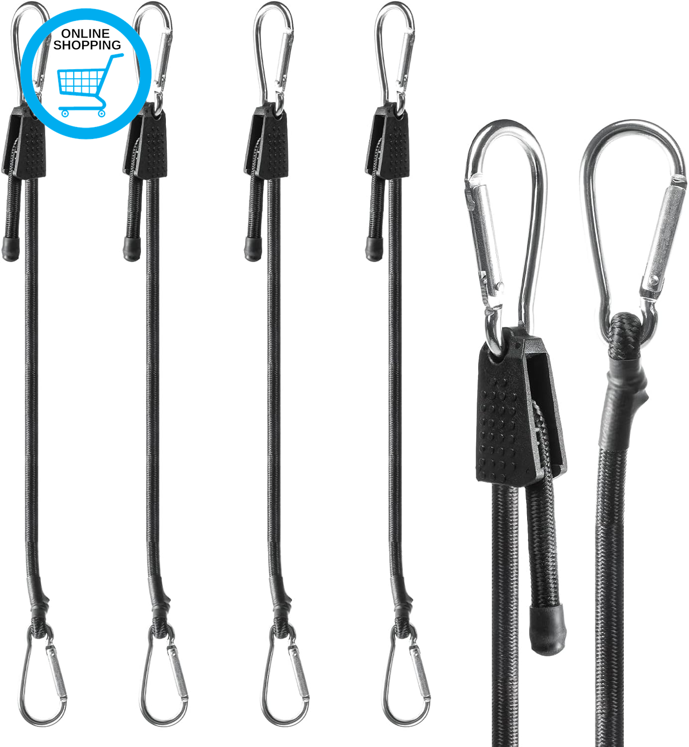 4 Pack Adjustable Bungee Cords with Hooks, 100Cm Heavy Duty Bungee Straps with H