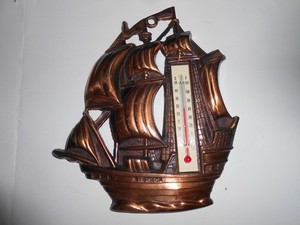 Vintage Coppertone Metal Galleon Ship Wall Thermometer Nautical Decor