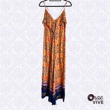 Lani Womens Large Orange Boho Floral Ruffle Trim Strappy Maxi Dress [🌿]