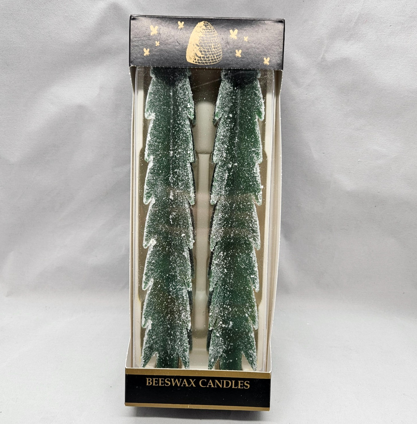 Vtg Set 2 Beeswax Candle 12" Pine Tree Forest Green Frosted 