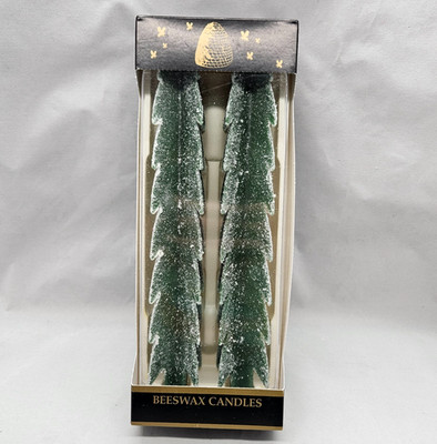 Vtg Set 2 Beeswax Candle 12'' Pine Tree Forest Green Frosted Finish Holiday Decor