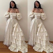 Vintage White Ivory Satin Wedding Dresses Off the Shoulder Bridal Gowns A Line