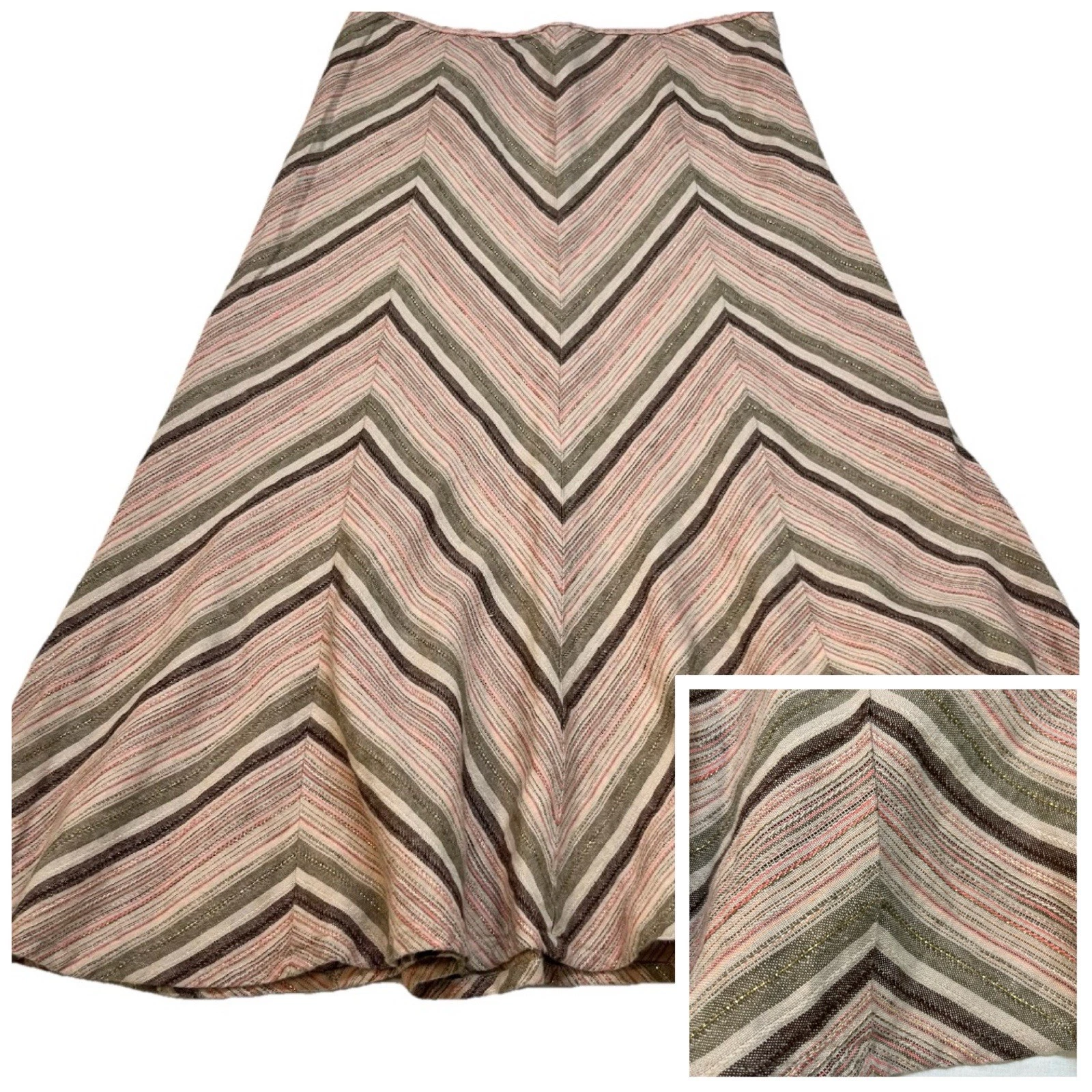 Vintage Midi Skirt 100% Linen Chevron Boho Artsy Pink Green Sparkle Festival 8