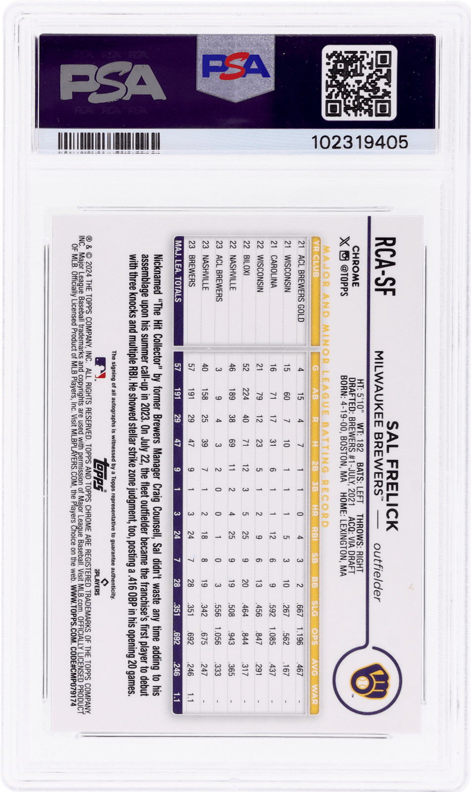 2024 Topps Chrome Logofractor Sal Frelick RC Auto Green Refractor /99 PSA 10