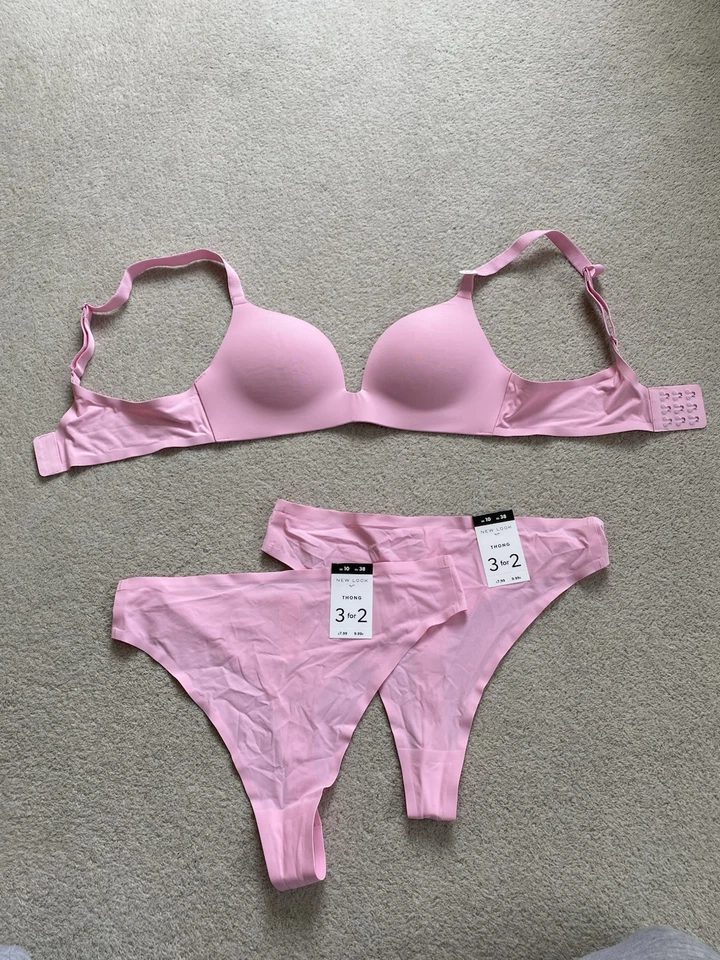 New Look Bubblegum Pink Bra and Thongs Set Size 34b and 10 In Thongs Size 10 - Image 2 of 4