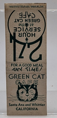 Green Cat Cafe Santa Ana CA 1940s vintage matchbook cover