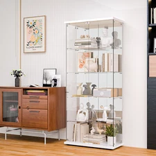 5 Shelves Glass Display Cabinet Curio w/Mirror Bookshelf Trophy Case White New