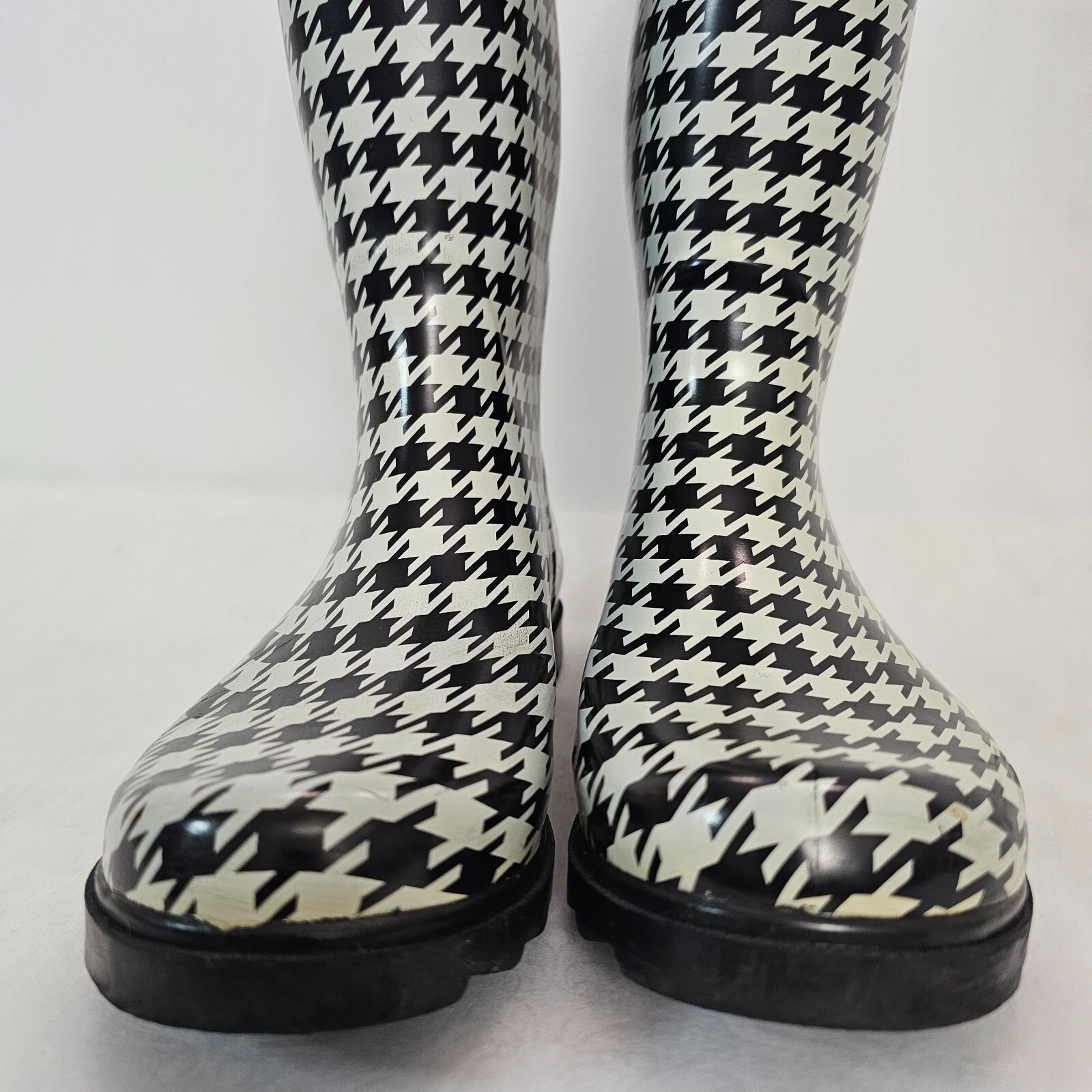 Capelli New York Women's Rain Boot Wellingtons Houndstooth Sz 10 Pink Trim