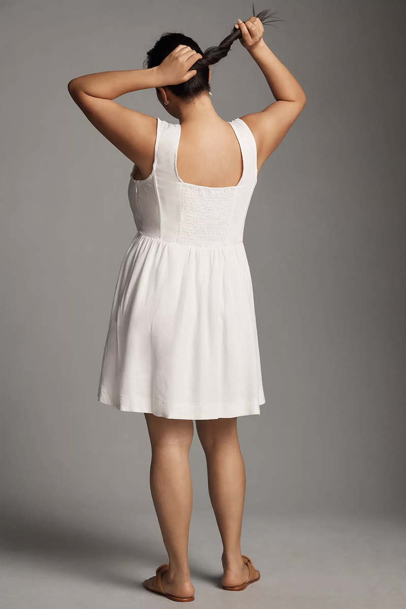 ANTHROPOLOGIE AURETA FIT & FLARE LINEN BLEND BONED CORSET MINI DRESS WHITE  XL | eBay