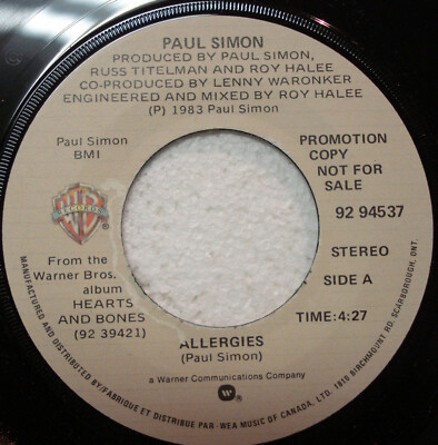 PAUL SIMON ~ Allergies / Think Too Much ~ 45 rpm Vinyl Record in Canada