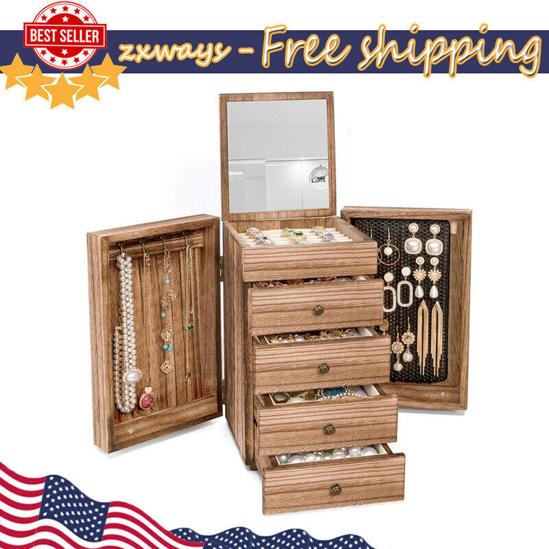 Wooden Jewelry Box with Mirror & 4 Drawers Large Vintage Organizer for Women-image