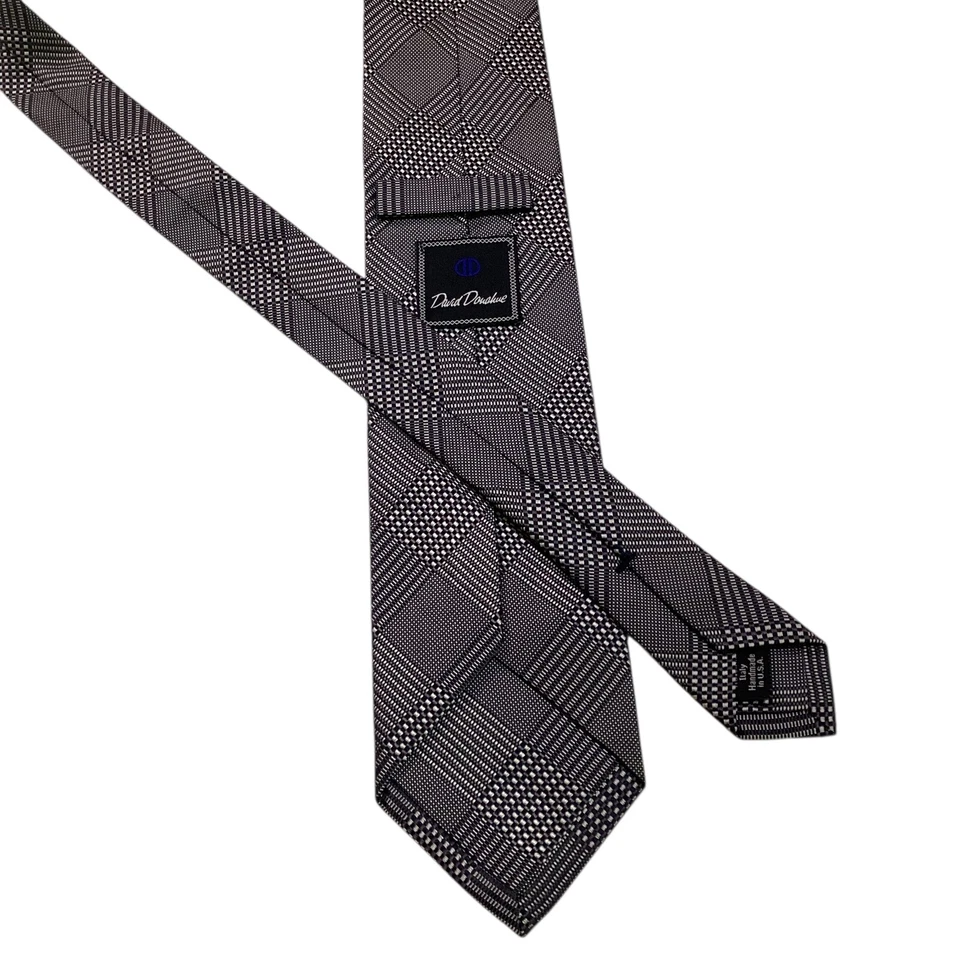 Corbata para hombre DAVID DONAHUE 100 % seda EE. UU. diseñador de lujo a cuadros negra/gris usada en excelente estado Foto 3 de 3