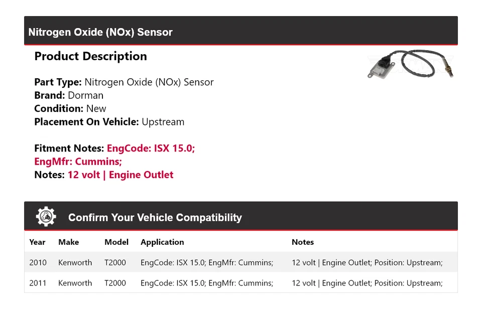 Sensor de óxido de nitrógeno (NOx) aguas arriba para Kenworth T2000 Dorman 2010-2011 Foto 2 de 4