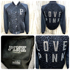 Victoria's Secret LOVE PINK Varsity Black Jacket Rhinestones Leopard Print Sz S